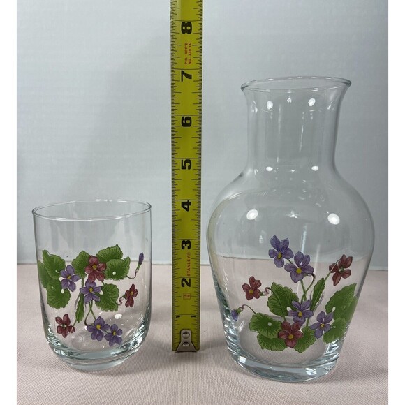 Glass & Vase Bedside Night Table Set Hand Painted Flowers - Picture 2 of 4